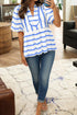 Stripe Print Puff Sleeve Rick Rack Split Neck Blouse