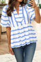 Stripe Print Puff Sleeve Rick Rack Split Neck Blouse