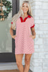 Stripe Print Quarter Zip Polo Collar Pocket T Shirt Dress