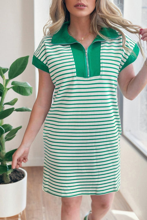 Stripe Print Quarter Zip Polo Collar Pocket T Shirt Dress