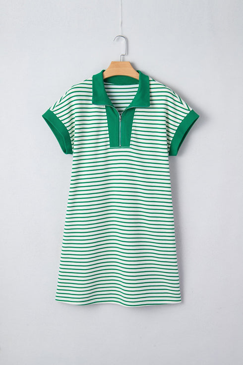 Stripe Print Quarter Zip Polo Collar Pocket T Shirt Dress