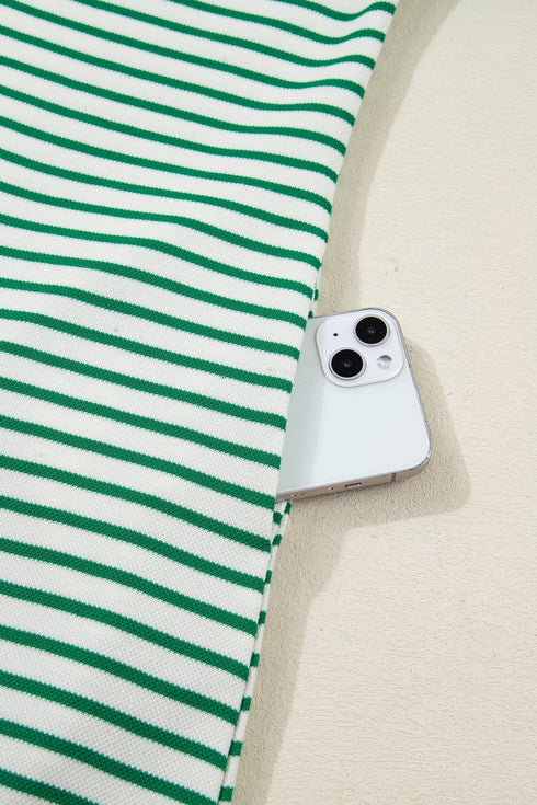 Stripe Print Quarter Zip Polo Collar Pocket T Shirt Dress