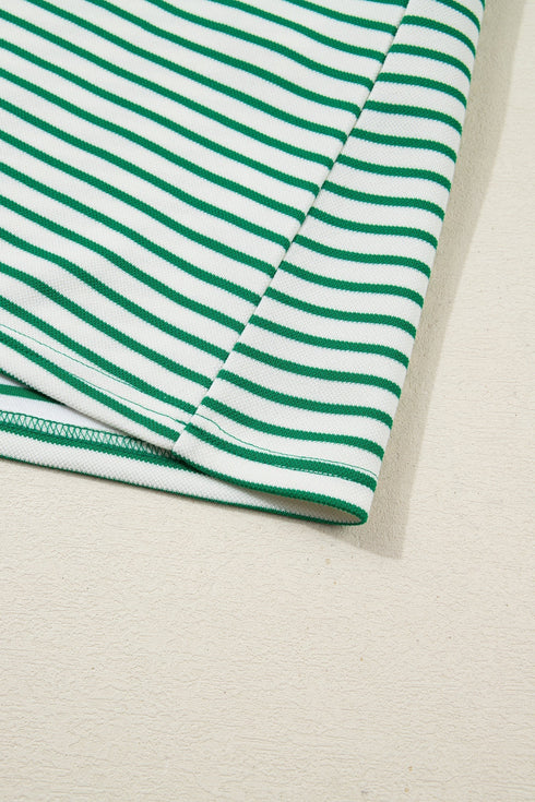 Stripe Print Quarter Zip Polo Collar Pocket T Shirt Dress