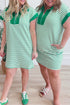 Stripe Print Quarter Zip Polo Collar Pocket T Shirt Dress