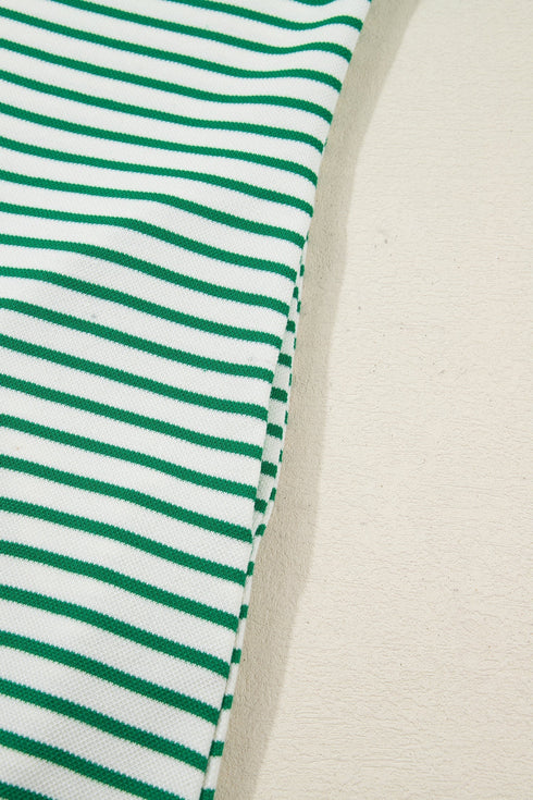 Stripe Print Quarter Zip Polo Collar Pocket T Shirt Dress
