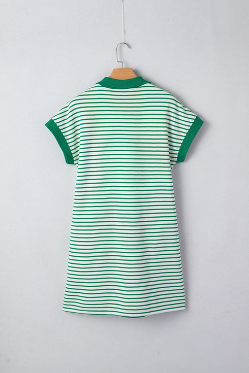 Stripe Print Quarter Zip Polo Collar Pocket T Shirt Dress