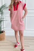 Stripe Print Quarter Zip Polo Collar Pocket T Shirt Dress