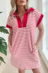 Stripe Print Quarter Zip Polo Collar Pocket T Shirt Dress