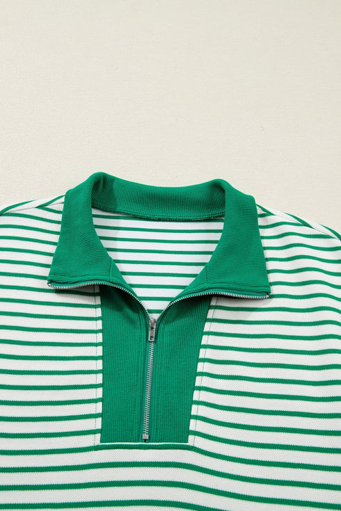 Stripe Print Quarter Zip Polo Collar Pocket T Shirt Dress