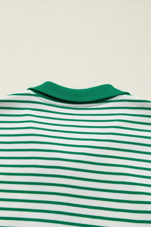 Stripe Print Quarter Zip Polo Collar Pocket T Shirt Dress