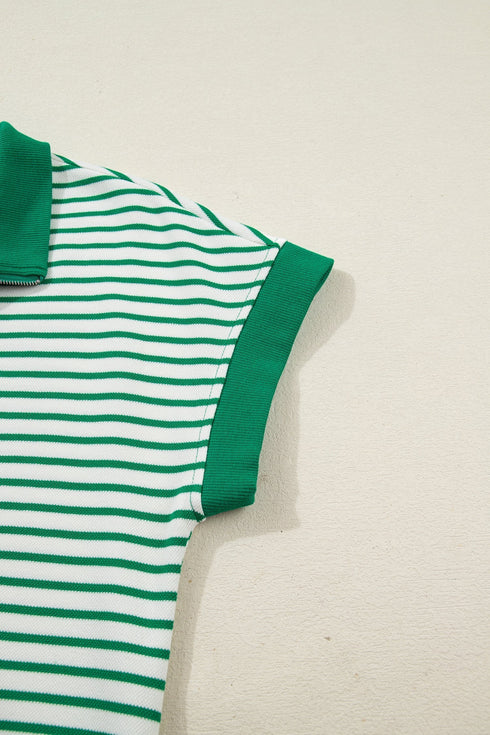 Stripe Print Quarter Zip Polo Collar Pocket T Shirt Dress