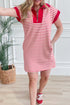 Stripe Print Quarter Zip Polo Collar Pocket T Shirt Dress