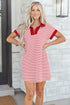 Stripe Print Quarter Zip Polo Collar Pocket T Shirt Dress