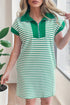 Stripe Print Quarter Zip Polo Collar Pocket T Shirt Dress