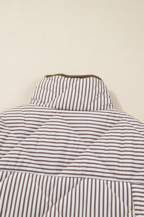 Stripe Print Quilted Wavy Hem Snap Button Outerwear