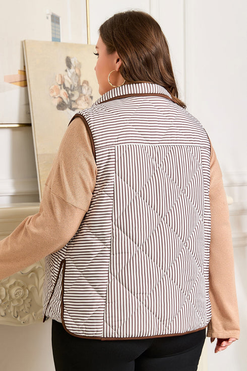 Stripe Print Quilted Wavy Hem Snap Button Outerwear