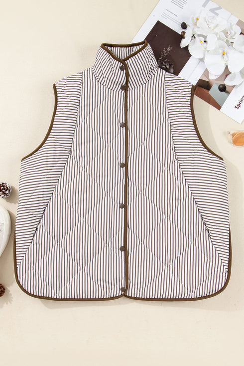 Stripe Print Quilted Wavy Hem Snap Button Outerwear