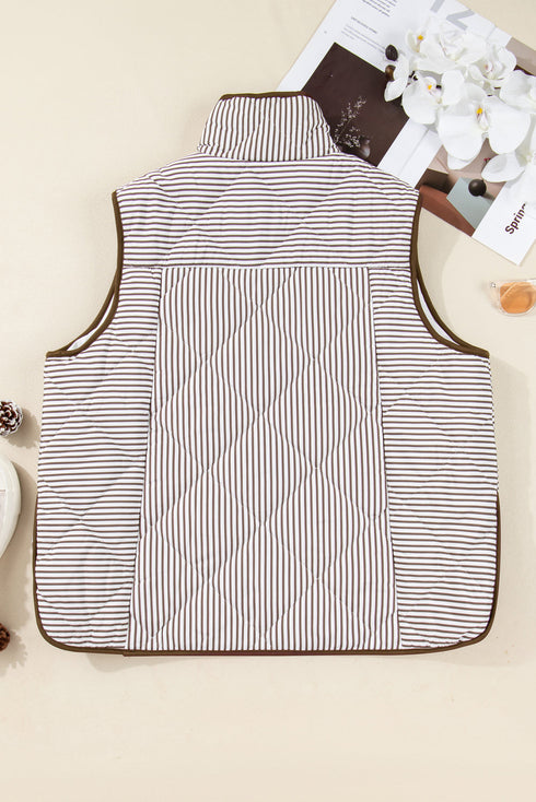 Stripe Print Quilted Wavy Hem Snap Button Outerwear