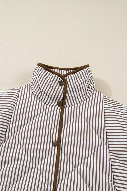 Stripe Print Quilted Wavy Hem Snap Button Outerwear