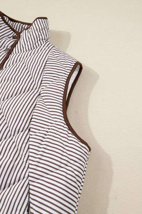 Stripe Print Quilted Wavy Hem Snap Button Outerwear