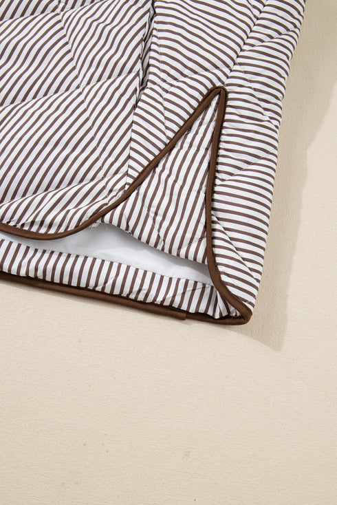 Stripe Print Quilted Wavy Hem Snap Button Outerwear