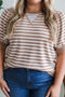 Stripe Print Ribbed Trim Round Neck Puff Sleeve Top