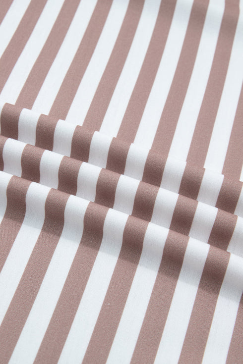 Stripe Print Ribbed Trim Round Neck Puff Sleeve Top