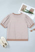 Stripe Print Ribbed Trim Round Neck Puff Sleeve Top