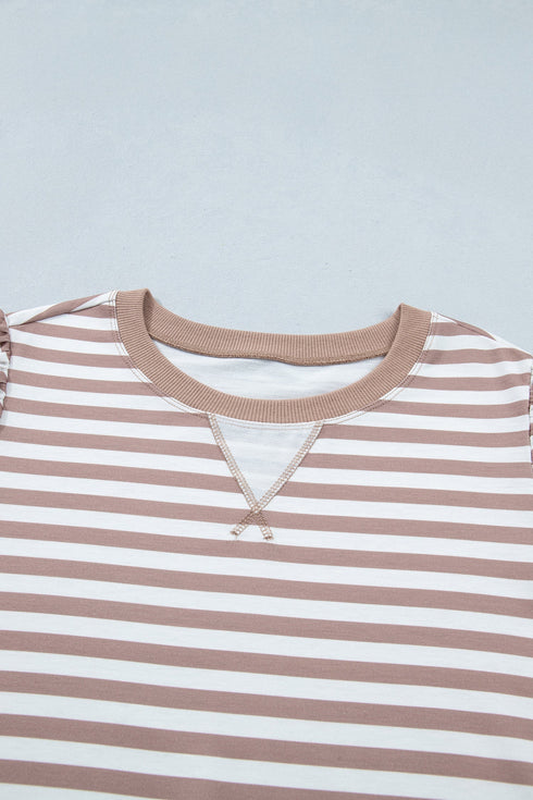 Stripe Print Ribbed Trim Round Neck Puff Sleeve Top
