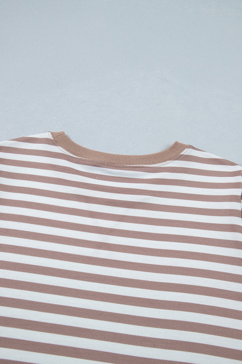 Stripe Print Ribbed Trim Round Neck Puff Sleeve Top