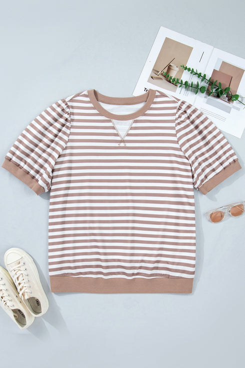 Stripe Print Ribbed Trim Round Neck Puff Sleeve Top