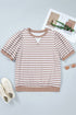Stripe Print Ribbed Trim Round Neck Puff Sleeve Top