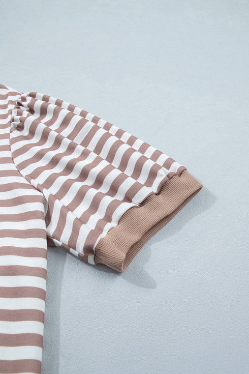 Stripe Print Ribbed Trim Round Neck Puff Sleeve Top