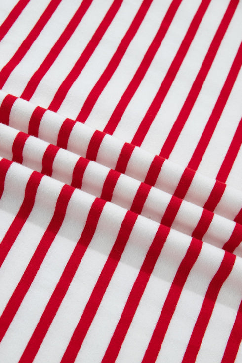 Stripe Print Scalloped Trim Round Neck Short Sleeve Tee