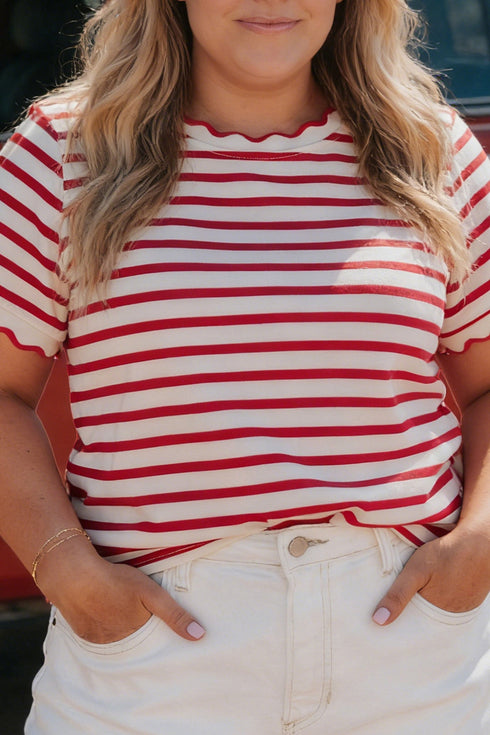 Stripe Print Scalloped Trim Round Neck Short Sleeve Tee