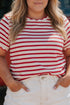 Stripe Print Scalloped Trim Round Neck Short Sleeve Tee