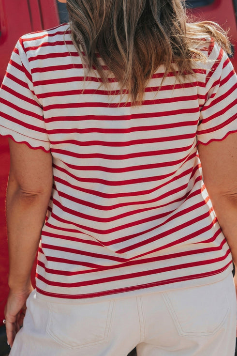 Stripe Print Scalloped Trim Round Neck Short Sleeve Tee