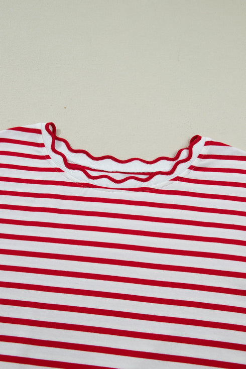 Stripe Print Scalloped Trim Round Neck Short Sleeve Tee