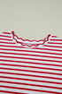 Stripe Print Scalloped Trim Round Neck Short Sleeve Tee
