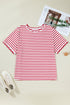 Stripe Print Scalloped Trim Round Neck Short Sleeve Tee