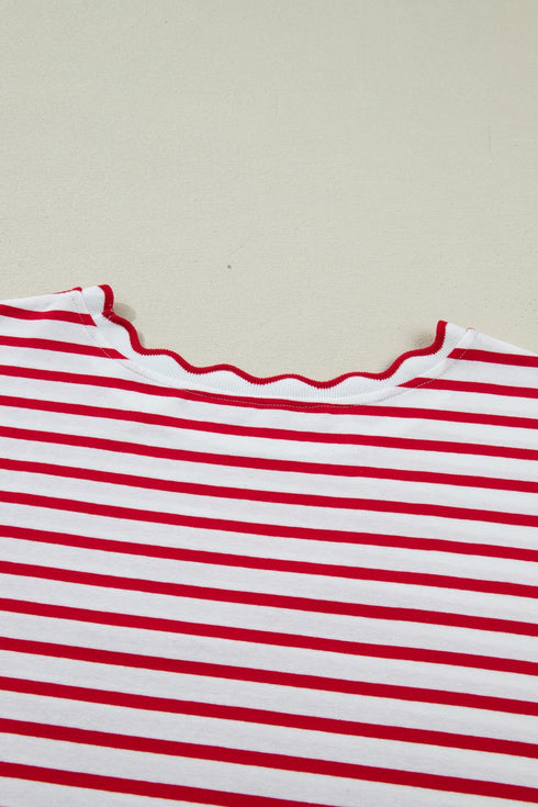 Stripe Print Scalloped Trim Round Neck Short Sleeve Tee