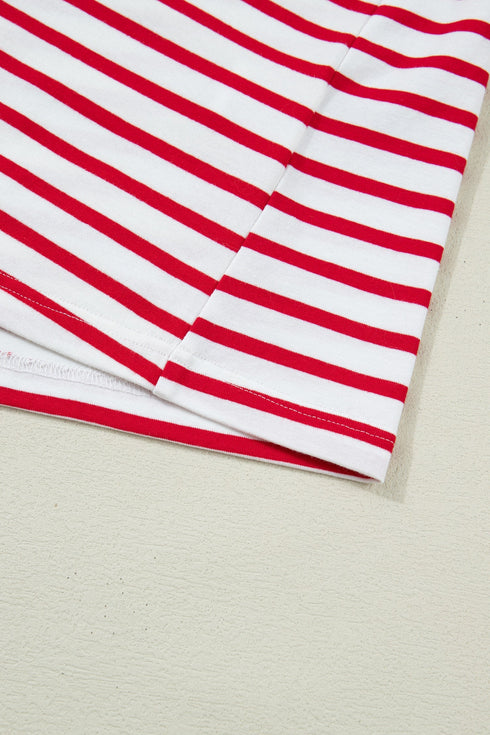Stripe Print Scalloped Trim Round Neck Short Sleeve Tee