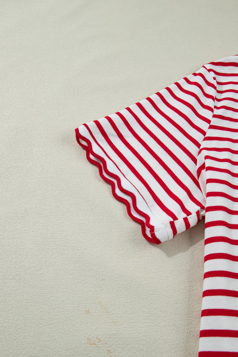 Stripe Print Scalloped Trim Round Neck Short Sleeve Tee