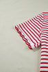 Stripe Print Scalloped Trim Round Neck Short Sleeve Tee