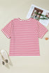 Stripe Print Scalloped Trim Round Neck Short Sleeve Tee