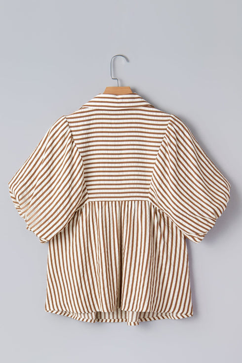 Stripe Print Shirred Bodice V Neck Puff Sleeve Blouse