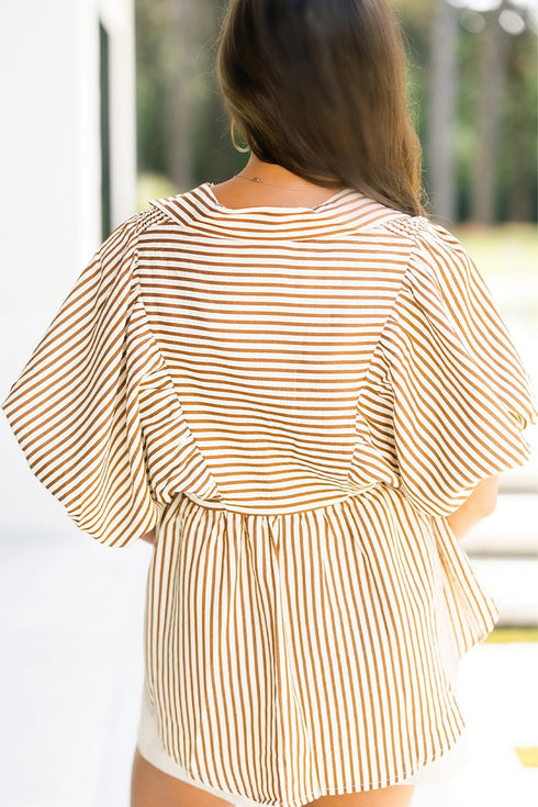 Stripe Print Shirred Bodice V Neck Puff Sleeve Blouse