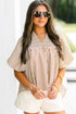 Stripe Print Shirred Bodice V Neck Puff Sleeve Blouse