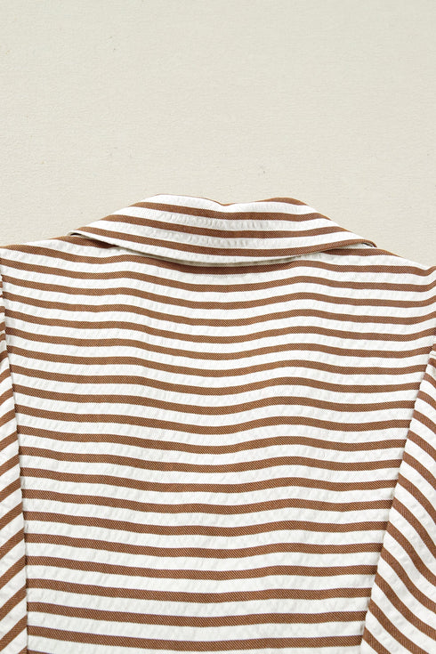 Stripe Print Shirred Bodice V Neck Puff Sleeve Blouse
