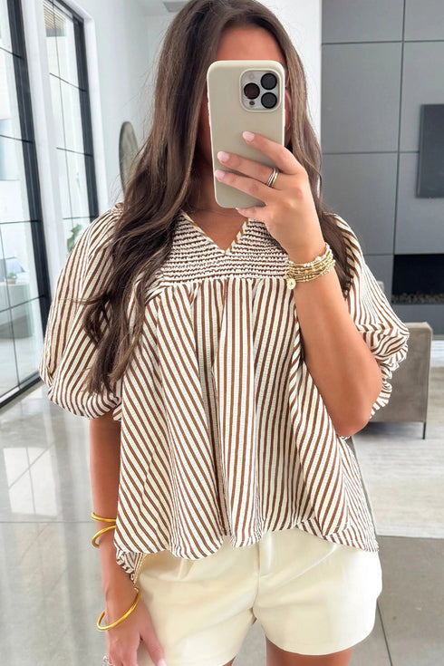 Stripe Print Shirred Bodice V Neck Puff Sleeve Blouse